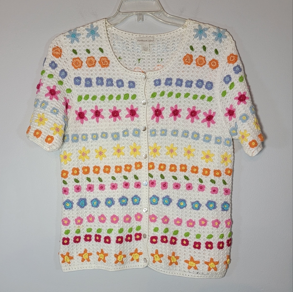 Vintage 90's Northern Isle Crochet Rainbow Floral Button Up Cardigan sSize Large